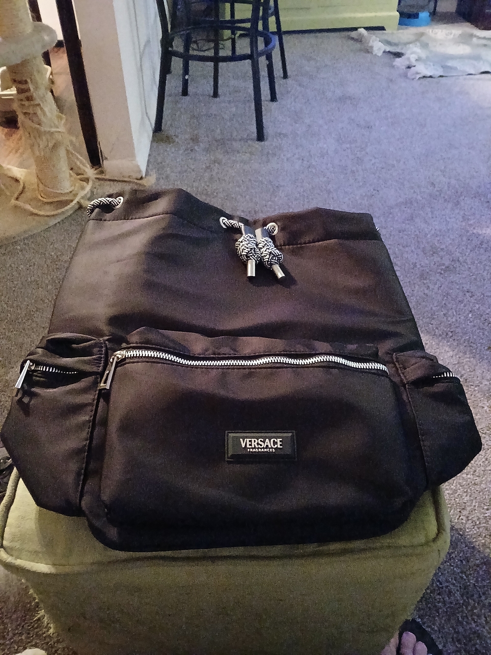Versace Black Men's Drawstring Backpack with Front Zip Pocket